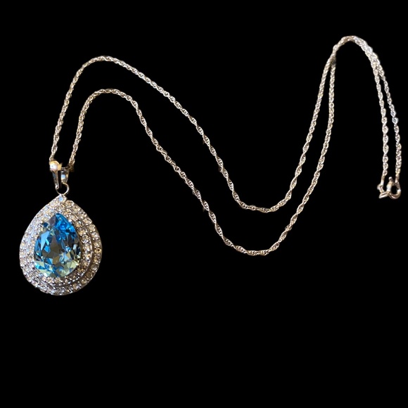 Sterling Silver Aquamarine Gemstone Necklace With Crystal Accents - Picture 6 of 8